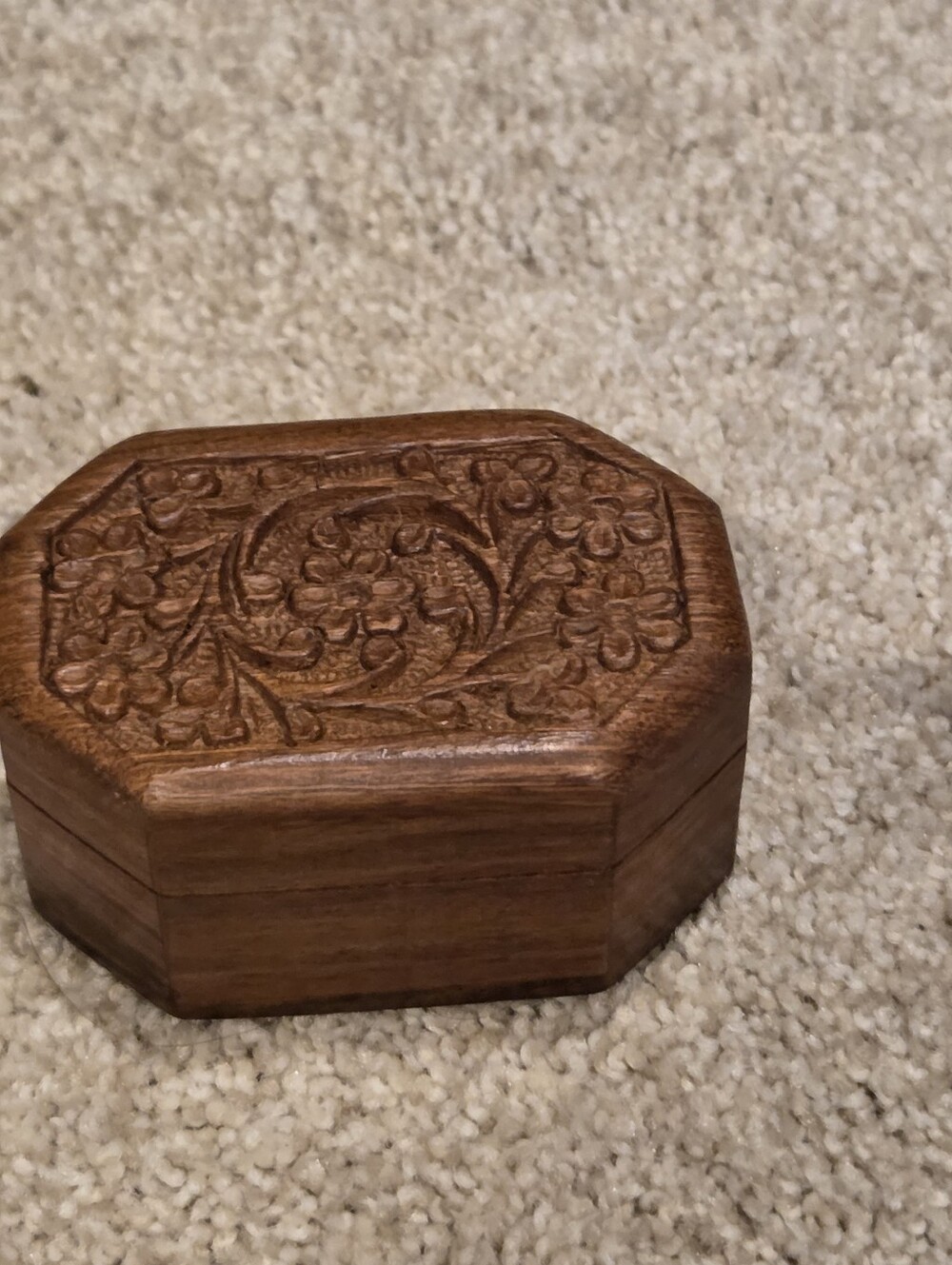 Hand-Carved Floral Wooden Trinket Box - Brown